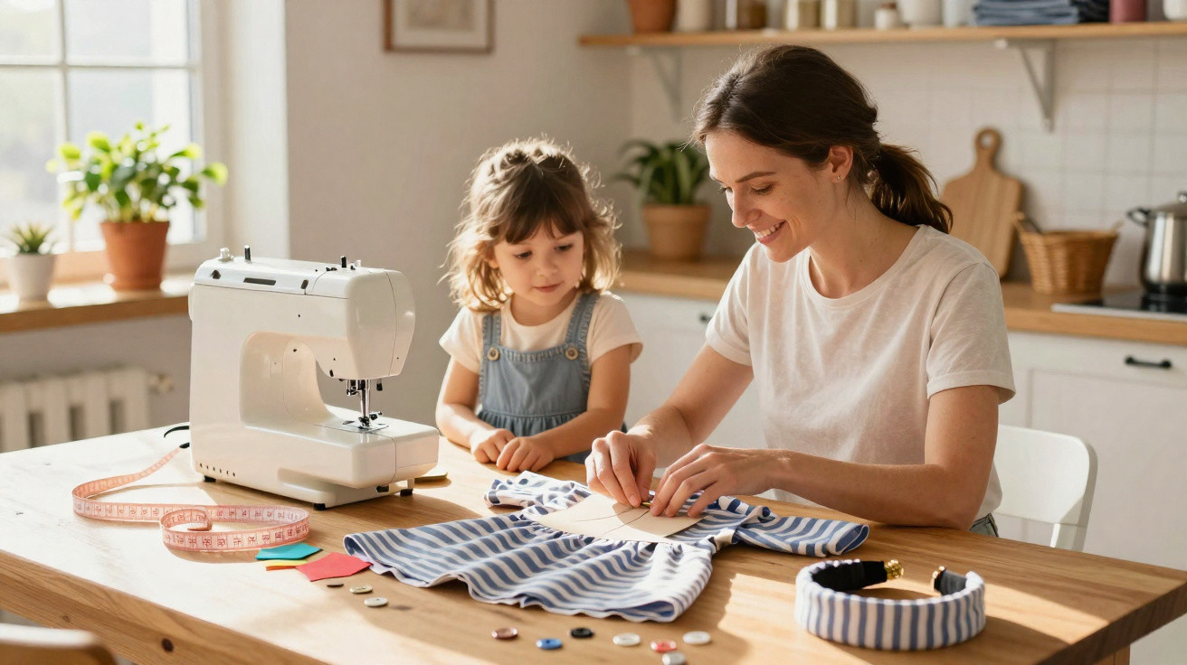 Mãe e filha costurando vestido listrado azul em mesa com máquina de costura e botões.