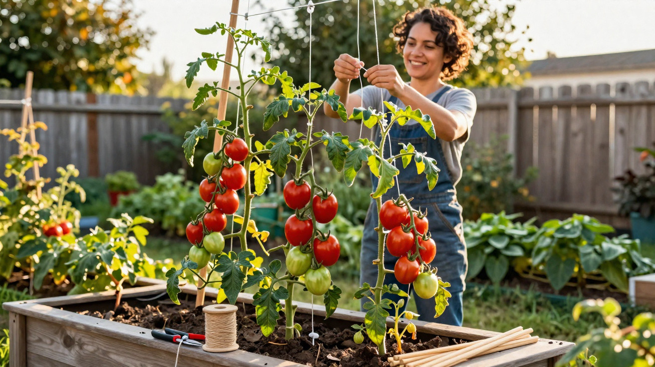 Mulher cuidando de plantas de tomateiro com frutos verdes e vermelhos em horta no jardim.