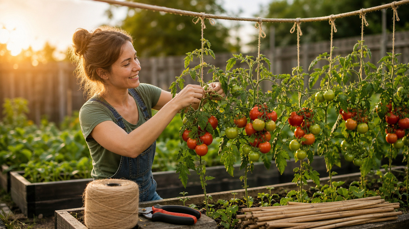Mulher colhendo tomates maduros em planta suspensa no jardim ao pôr do sol.