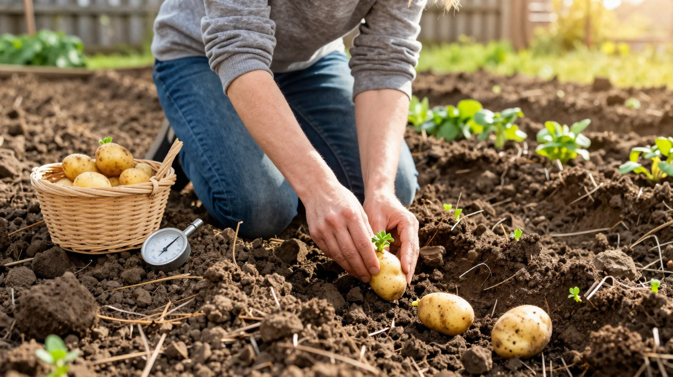 Pessoa plantando batatas em solo fértil em um jardim durante o dia ensolarado.