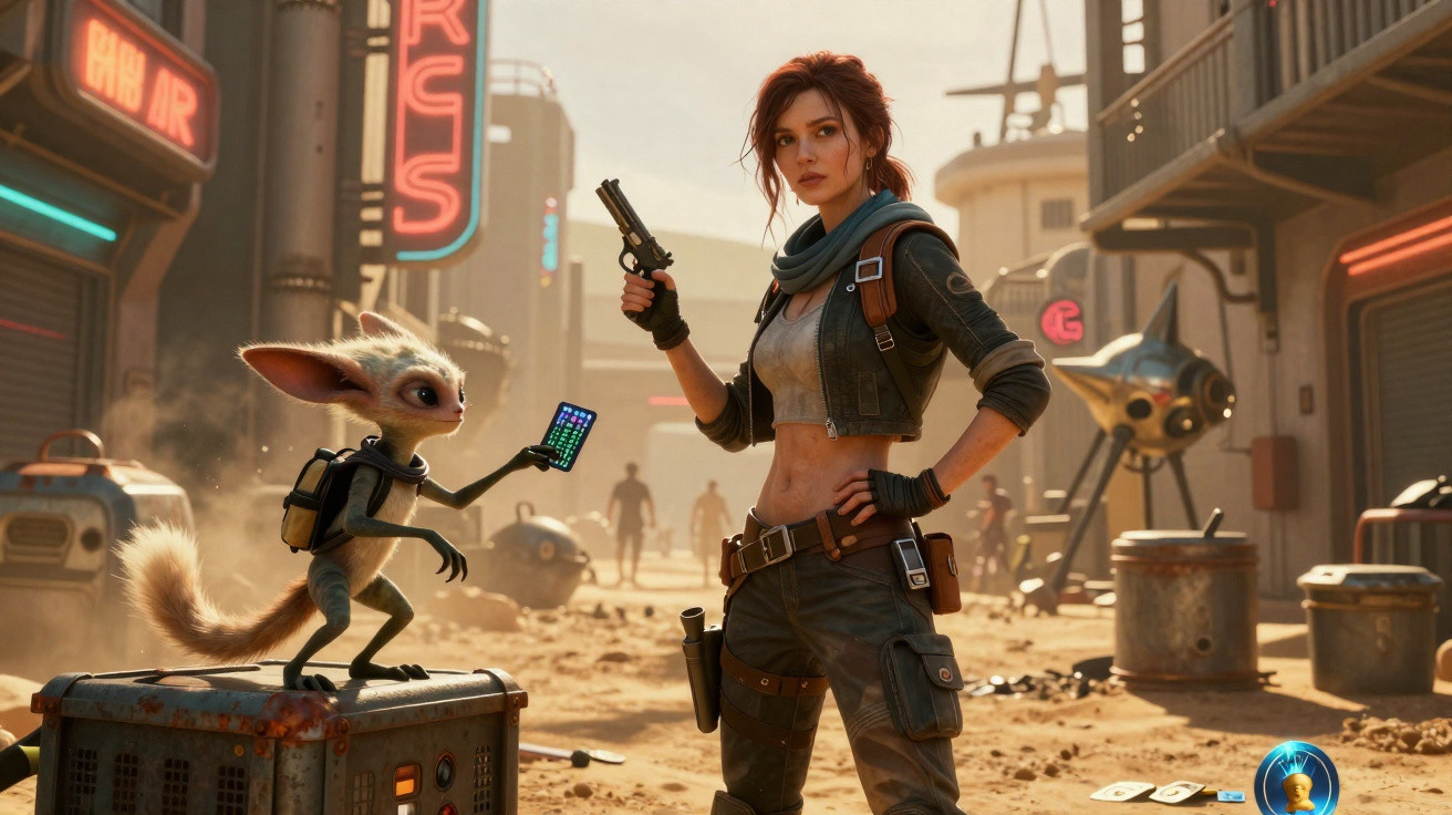 Mulher com arma e criatura alienígena segurando dispositivo em rua deserta de cidade futurista.