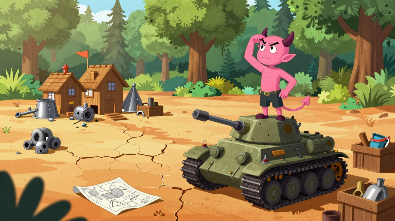 Diabo rosa em pé sobre tanque em floresta com casas e objetos de canhão espalhados no chão.