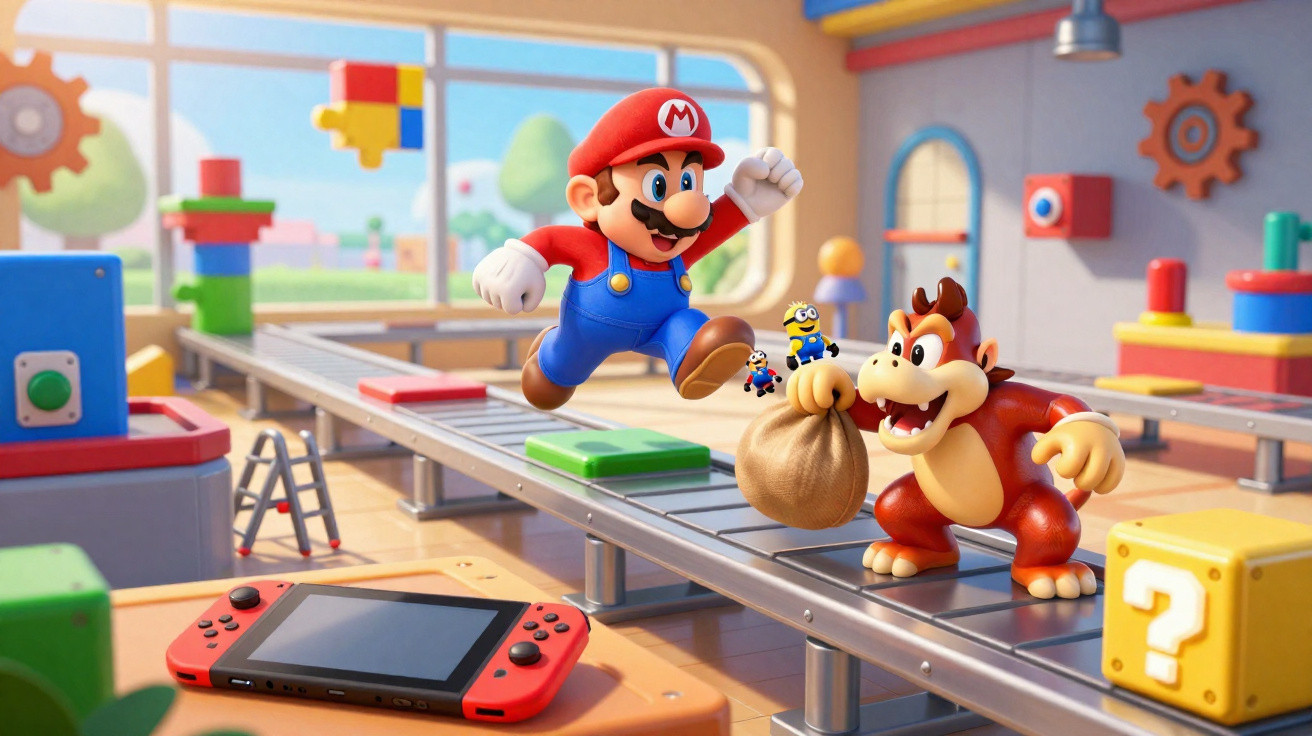 Mario pulando sobre personagem Bowser Jr. que segura um saco, com Nintendo Switch e bloco de interrogação ao redor.