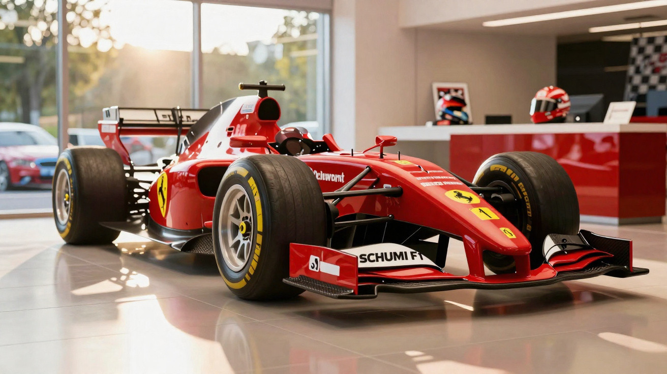 Carro de Fórmula 1 vermelho da Ferrari exposto em ambiente interno com capacetes no fundo.