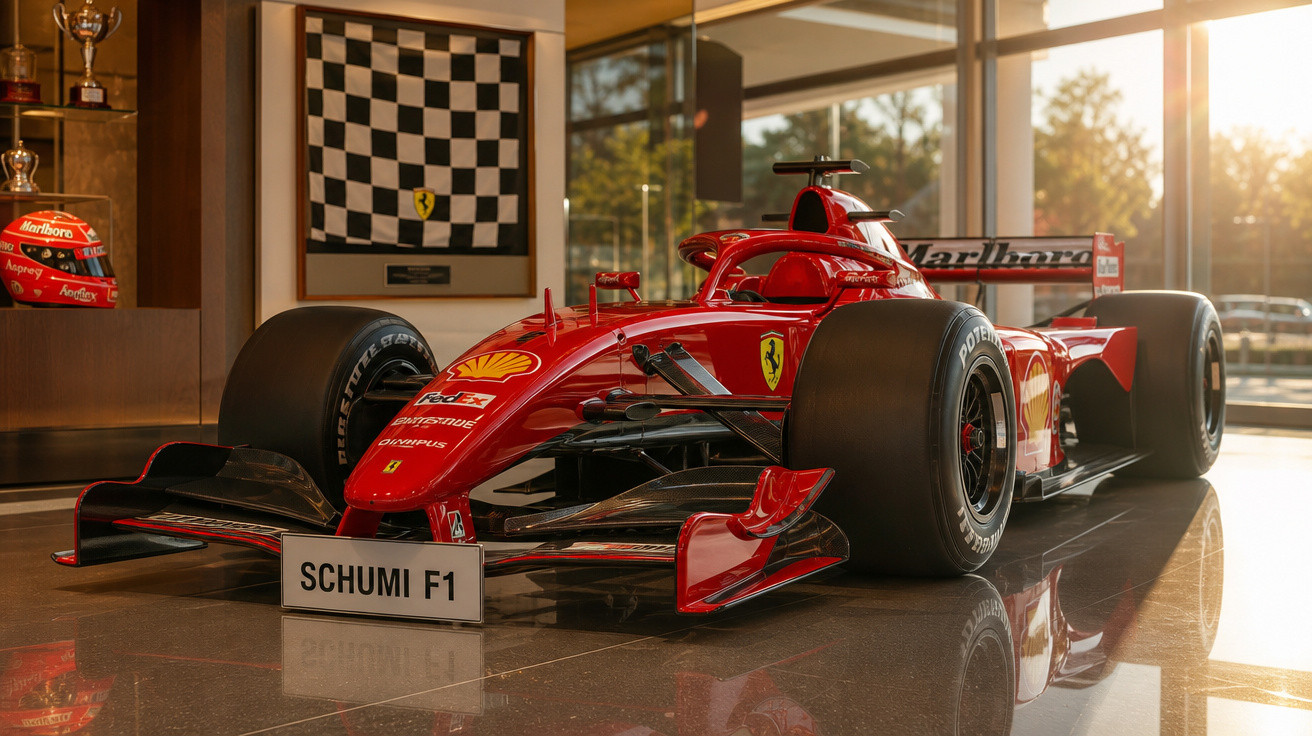 Carro de Fórmula 1 vermelho Ferrari exibido em museu com capacete e bandeira quadriculada ao fundo.