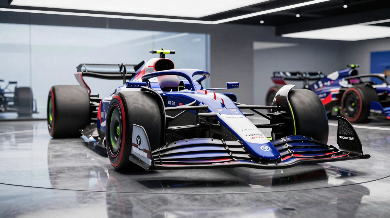 Carro de Fórmula 1 azul, branco e vermelho exibido em ambiente interno moderno com piso refletivo.