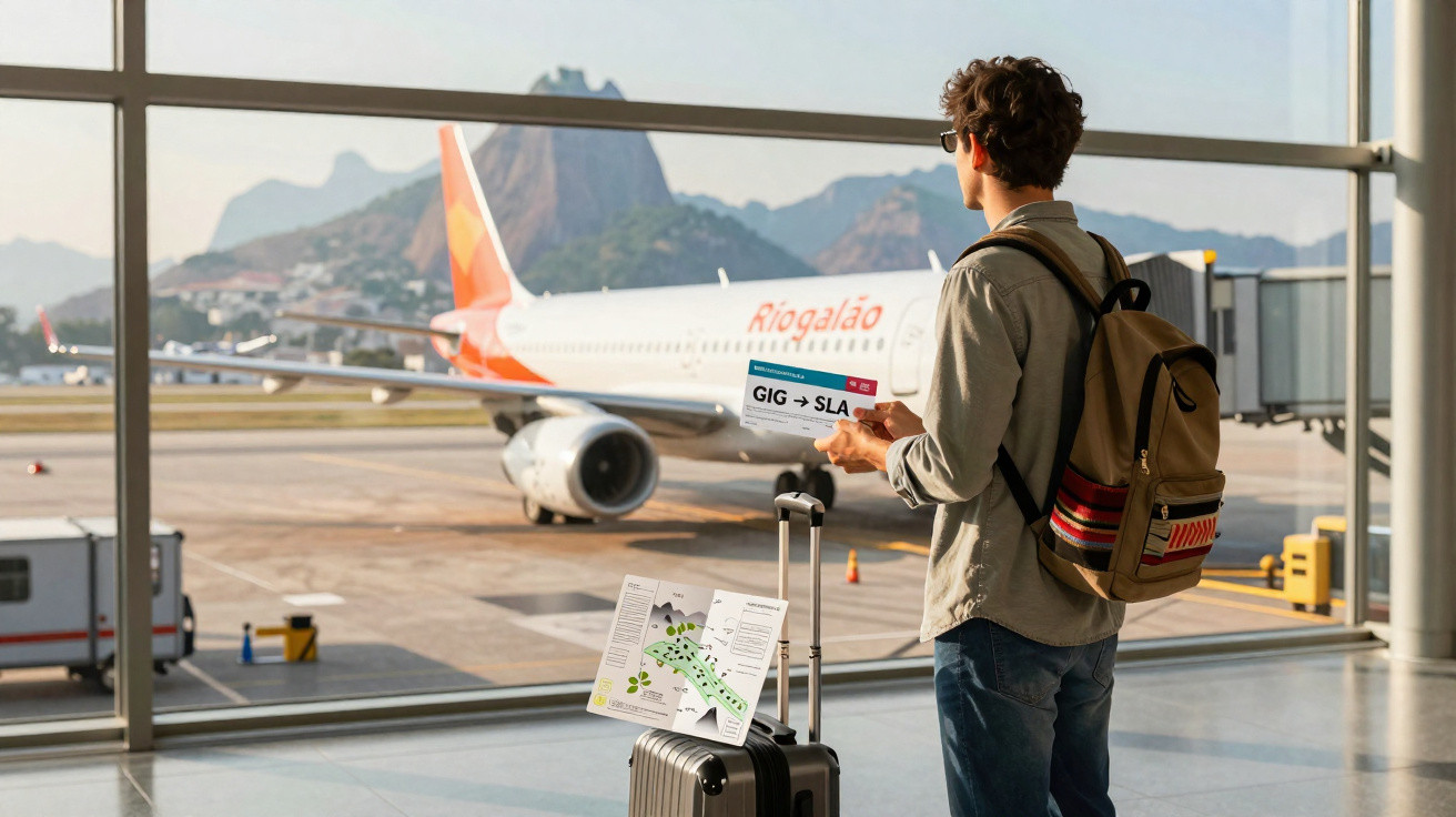 Jovem com mochila e mala na mão segura cartão de embarque em aeroporto com avião ao fundo.
