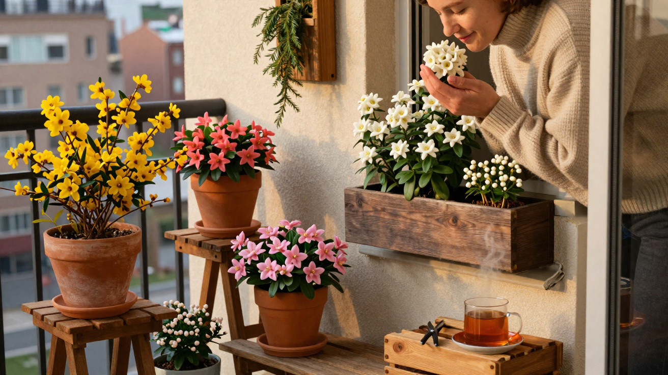 Mulher cheirando flores brancas em varanda com vasos de plantas coloridas e xícara de chá.