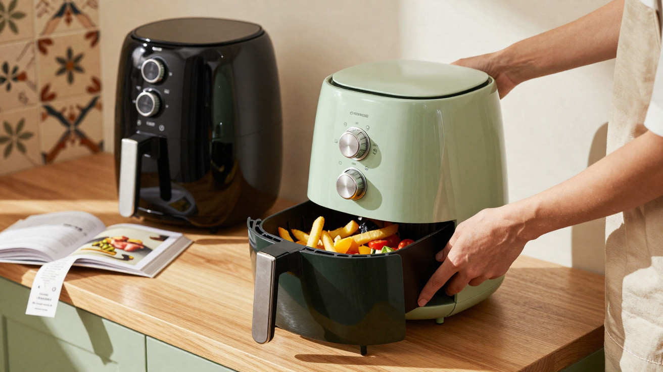 Pessoa retirando alimentos preparados em air fryer verde sobre bancada de madeira, com air fryer preta ao fundo.