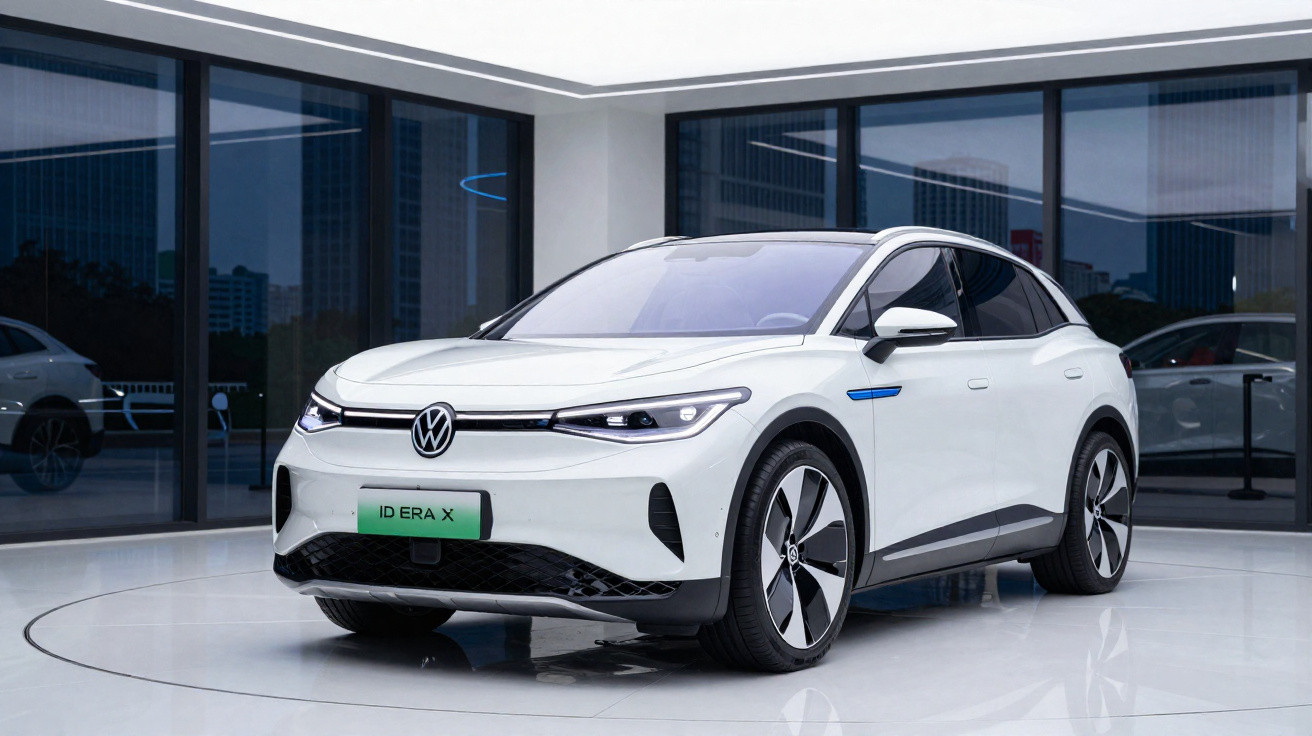 Carro elétrico Volkswagen ID. Era X branco exibido em showroom moderno com piso branco e paredes de vidro.