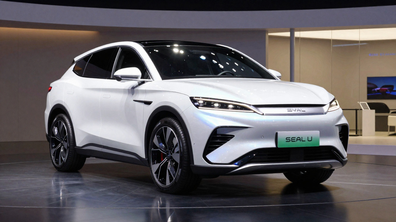 Carro elétrico branco BYD Seal U exibido em uma exposição automotiva.
