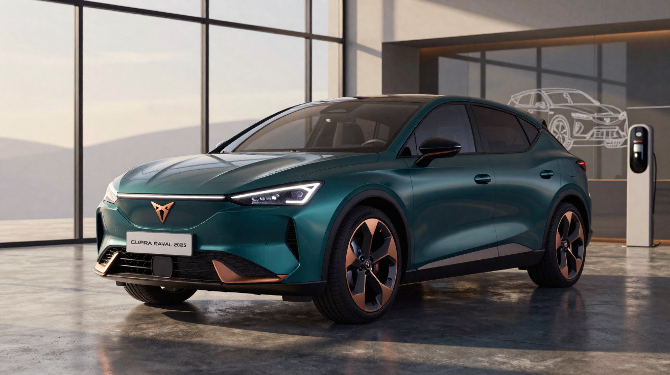 Carro elétrico verde metálico modelo Cupra Ravial 2025 em ambiente interno com parede de vidro e carregador elétrico.