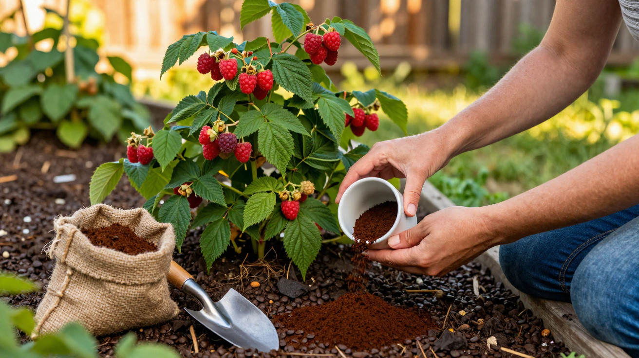 Pessoa aplicando borra de café na terra próxima a uma planta de framboesas vermelhas no jardim.