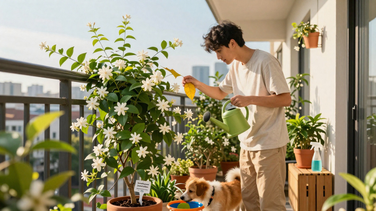Jovem regando plantas em varanda com cachorro ao lado e várias flores em vasos ao redor.