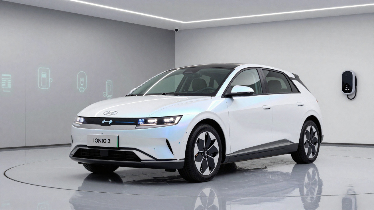 Carro elétrico branco Hyundai Ioniq 3 em showroom com parede cinza e carregador elétrico fixado.