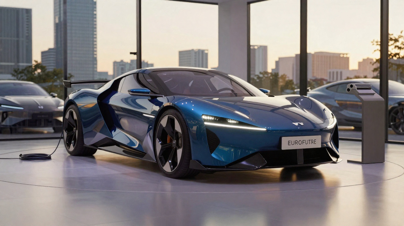 Carro esportivo elétrico azul metálico carregando em showroom moderno com vista para a cidade ao amanhecer.