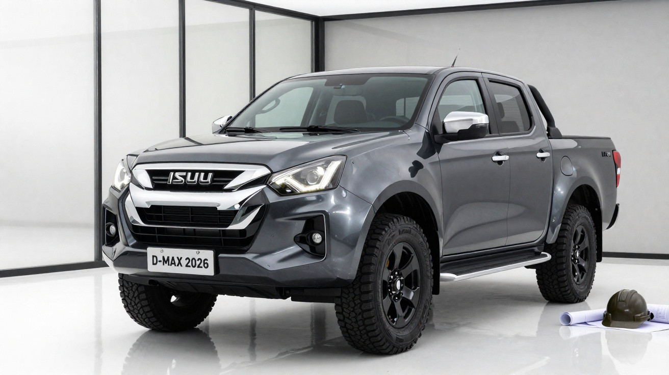 Picape Isuzu D-Max 2026 cinza em estúdio com capacete e plantas ao lado.