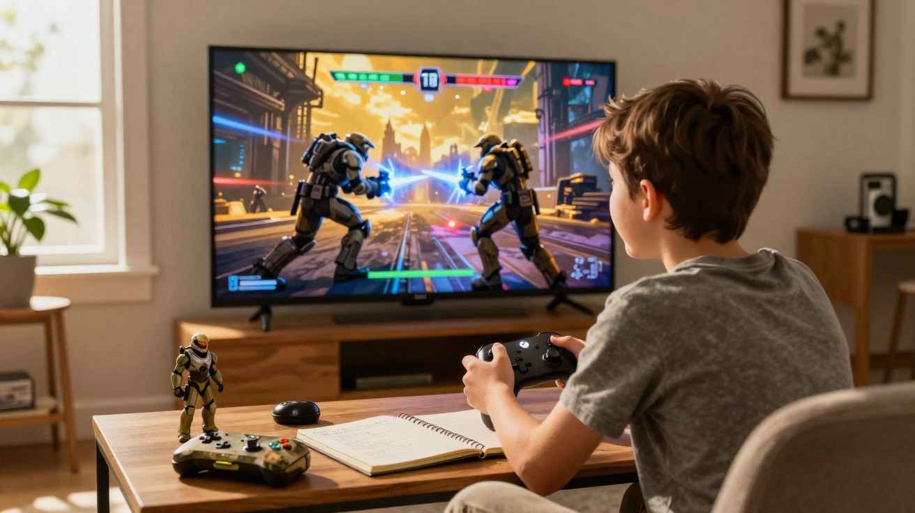 Menino jogando videogame com controle, com boneco de ação e caderno sobre a mesa em sala iluminada.