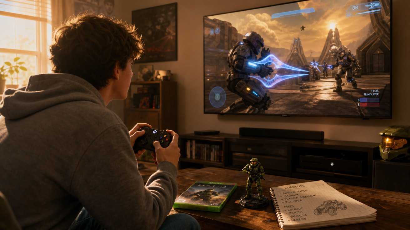 Jovem joga videogame de tiro futurista na sala com controle e personagens do jogo na mesa.