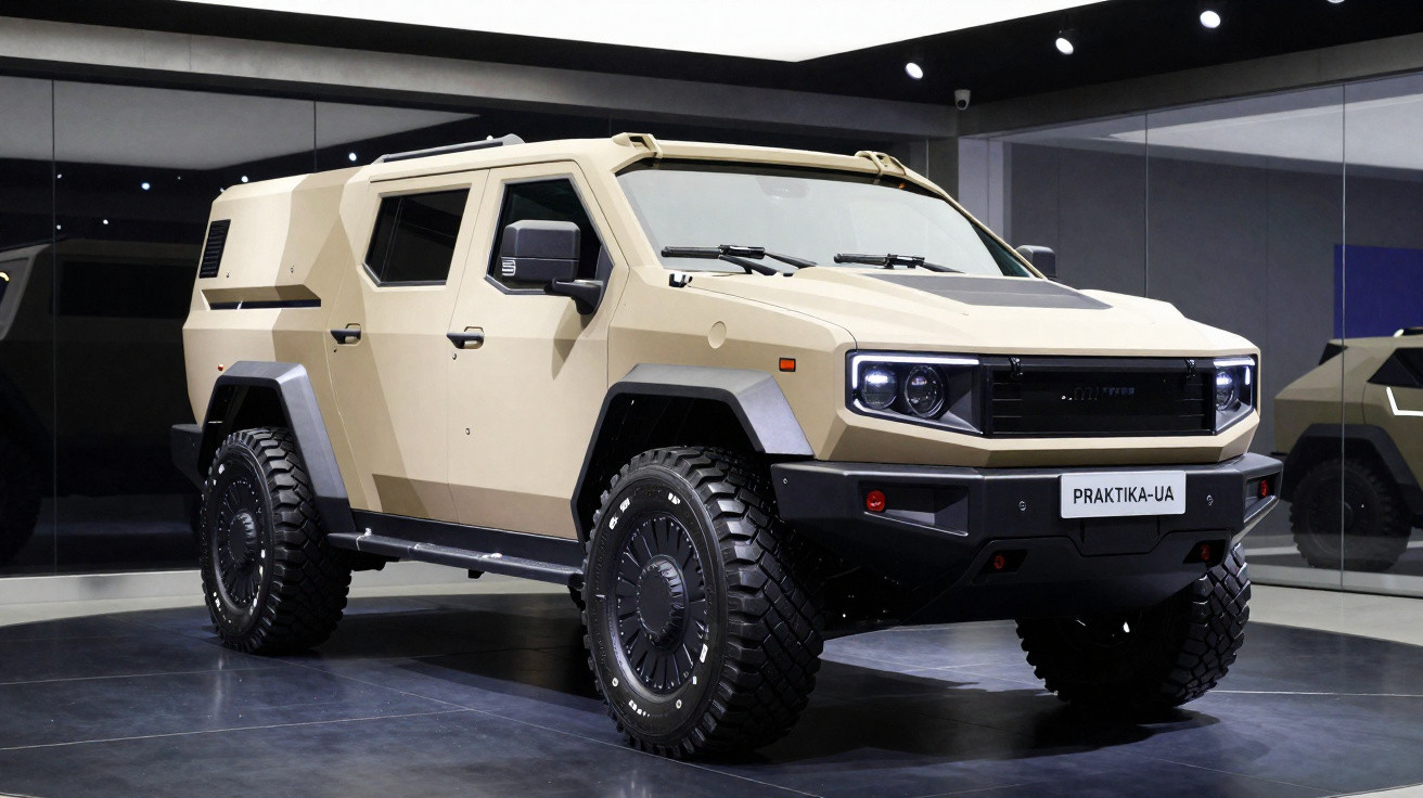 Veículo blindado militar bege modelo Praktika-UA exibido em showroom moderno com paredes espelhadas.