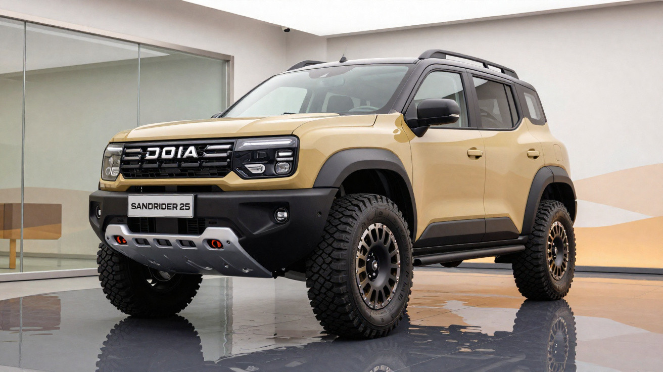 SUV Sandrider 25 bege com rodas grandes off-road em ambiente interno moderno.