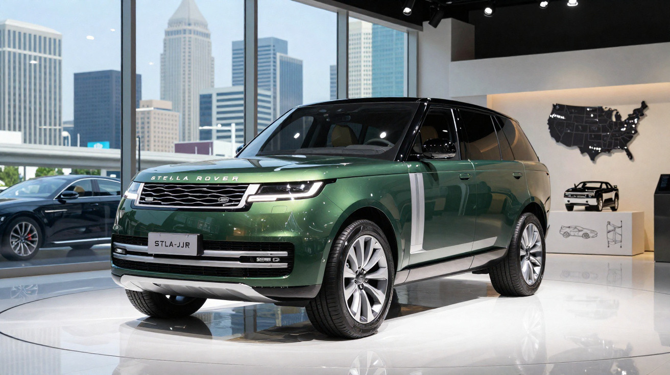 SUV verde Stella Rover exibida em showroom moderno com prédios altos ao fundo.