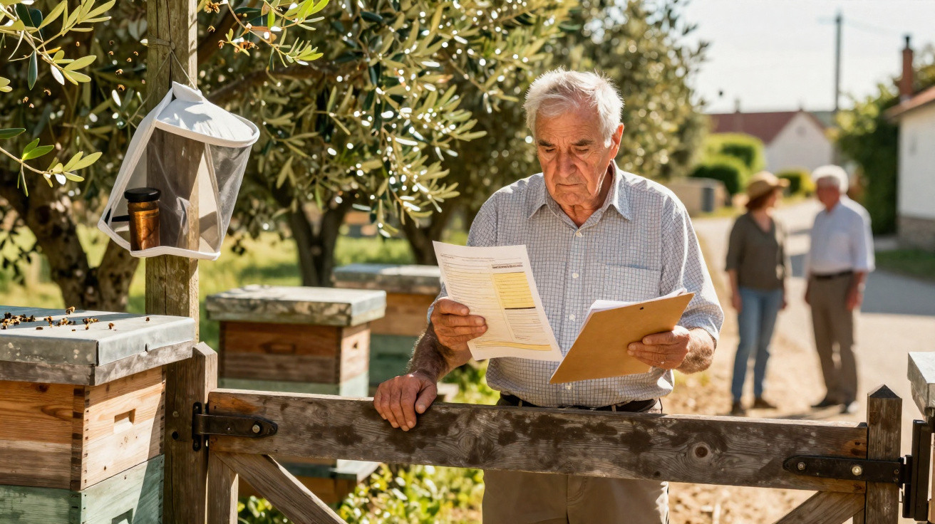 Idoso verifica documentos próximo a colmeias de abelhas em área rural ensolarada.