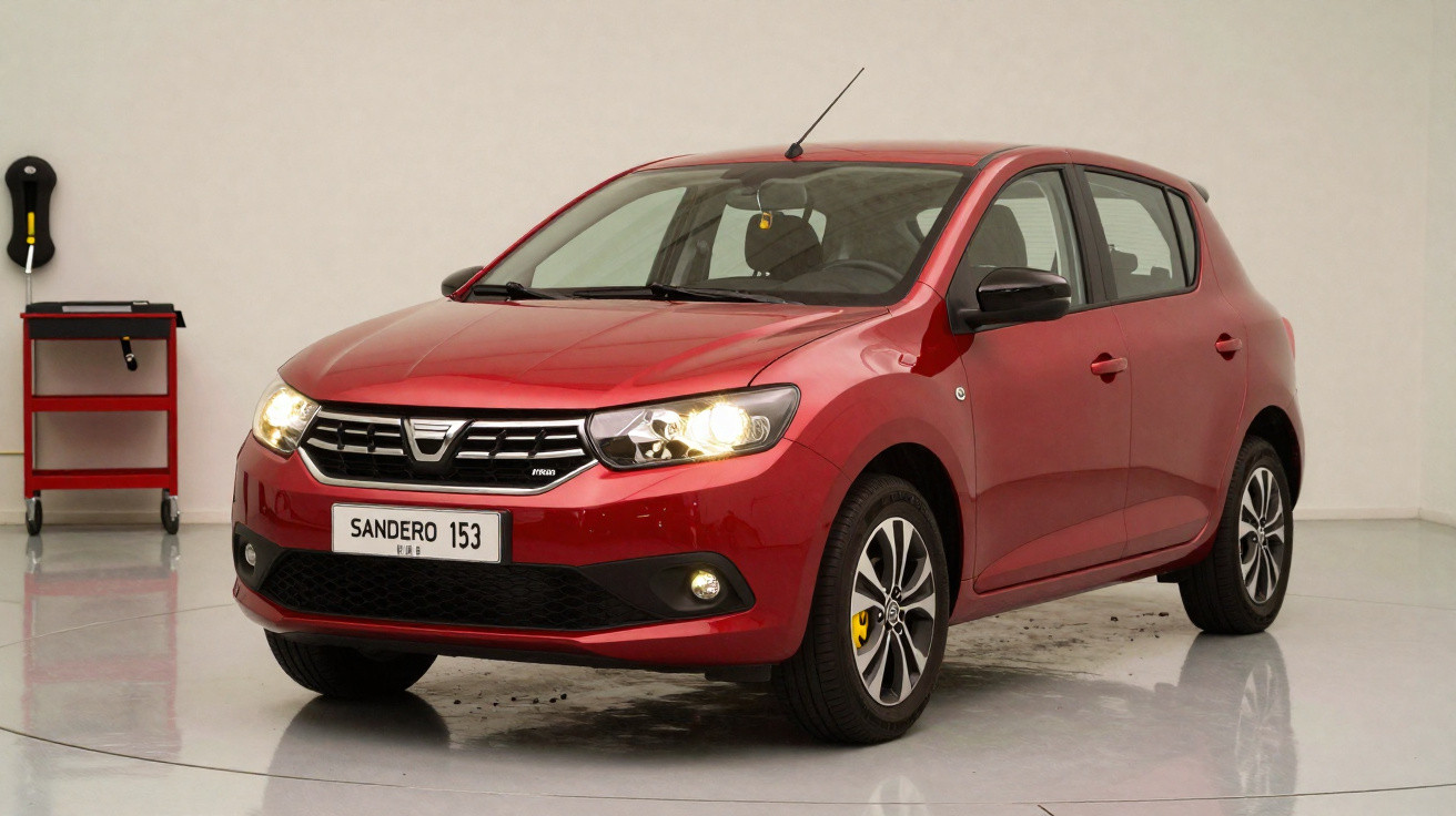 Carro vermelho modelo hatch Dacia Sandero 153 estacionado em ambiente interno branco.