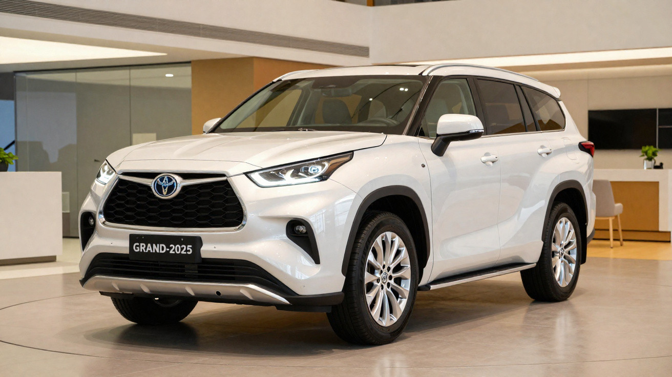 SUV branco Toyota Grand 2025 mostrado em ambiente interno moderno, vista frontal em ângulo.