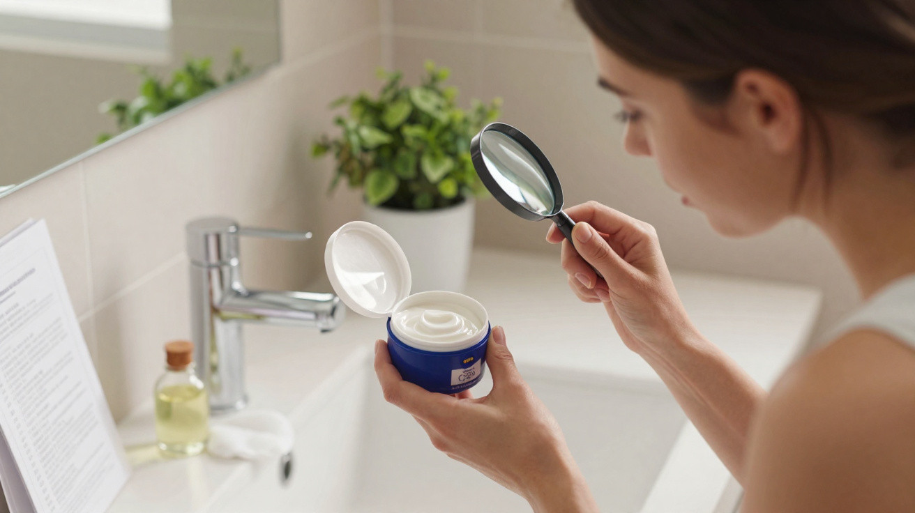 Mulher analisando creme facial com lupa em banheiro moderno, com planta ao fundo.