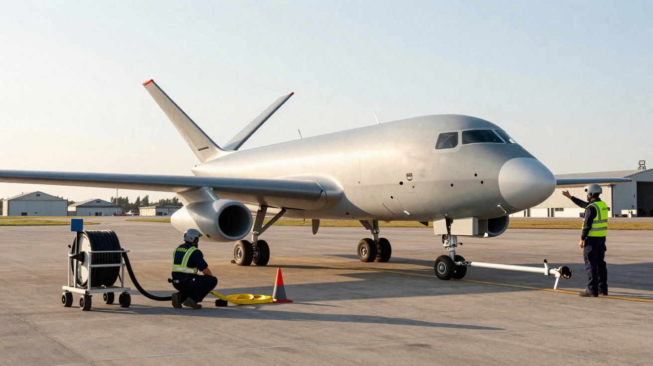 Avião cinza no pátio com dois operadores em coletes de segurança com equipamento de terra.