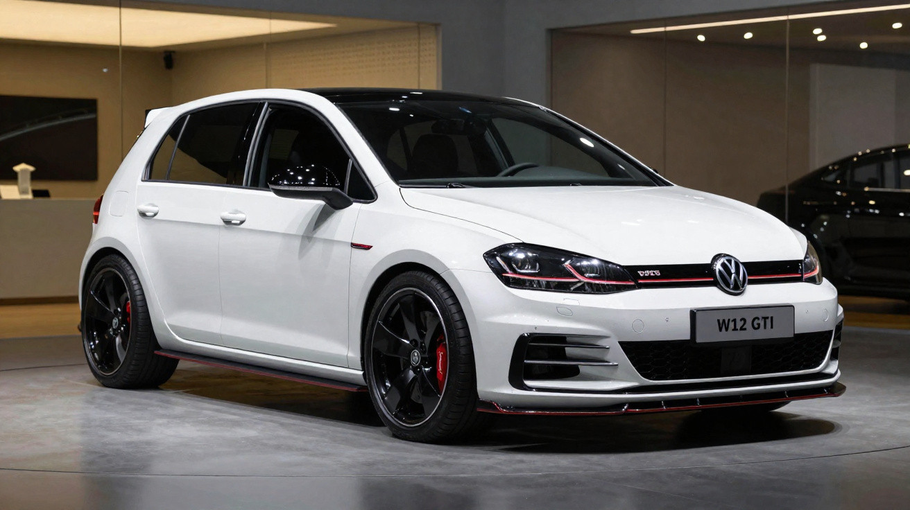 Carro Volkswagen Golf GTI branco com rodas pretas exibido em ambiente interno iluminado.