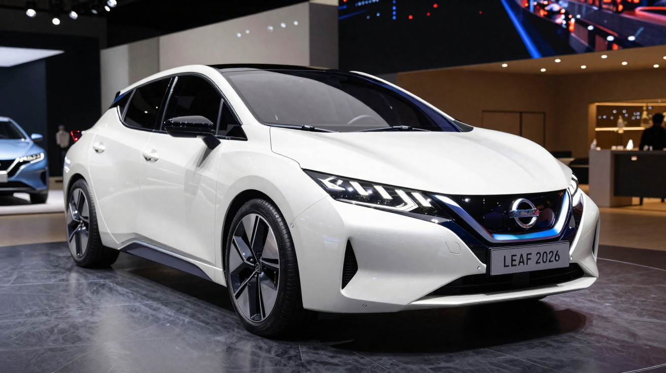 Carro elétrico branco Nissan Leaf 2026 exibido em salão automotivo moderno.