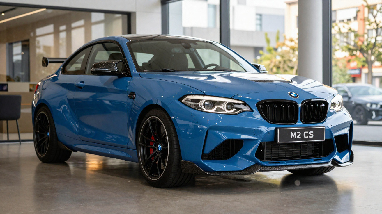 Carro esportivo azul BMW M2 CS estacionado dentro de showroom moderno com piso de cimento.