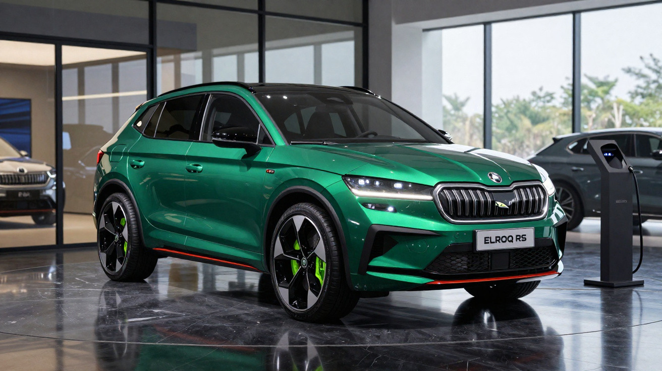 Carro elétrico verde Skoda Elroq RS exposto em showroom moderno com piso refletivo.