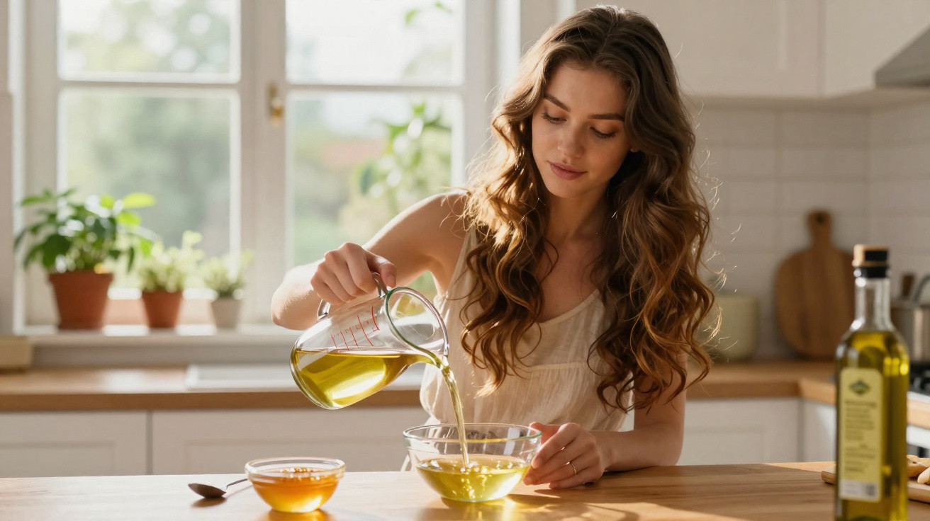Mulher derramando azeite em uma tigela de vidro em cozinha com luz natural e plantas na janela.