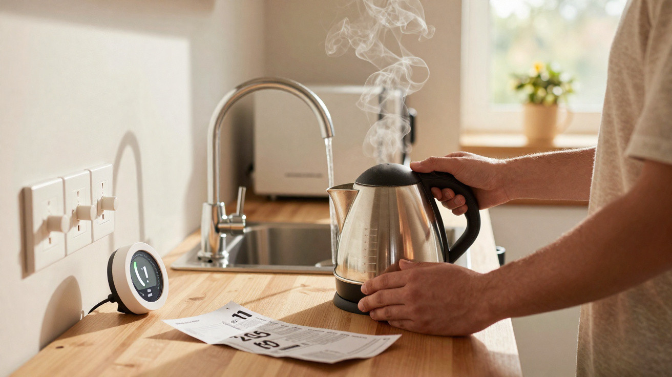 Pessoa segurando chaleira elétrica com vapor próximo à pia em cozinha iluminada.