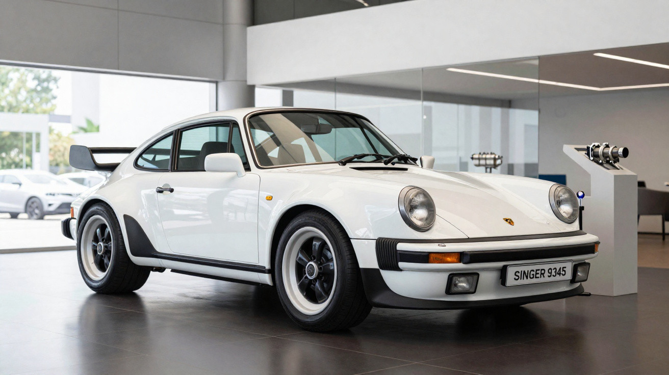 Carro esportivo Porsche 911 branco com detalhes pretos em showroom moderno e iluminado.