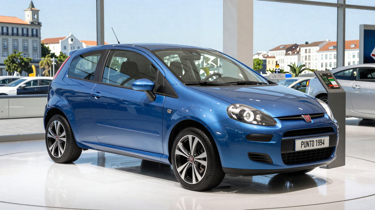 Fiat Punto azul 1994 em exposição dentro de showroom com piso branco e grandes janelas.