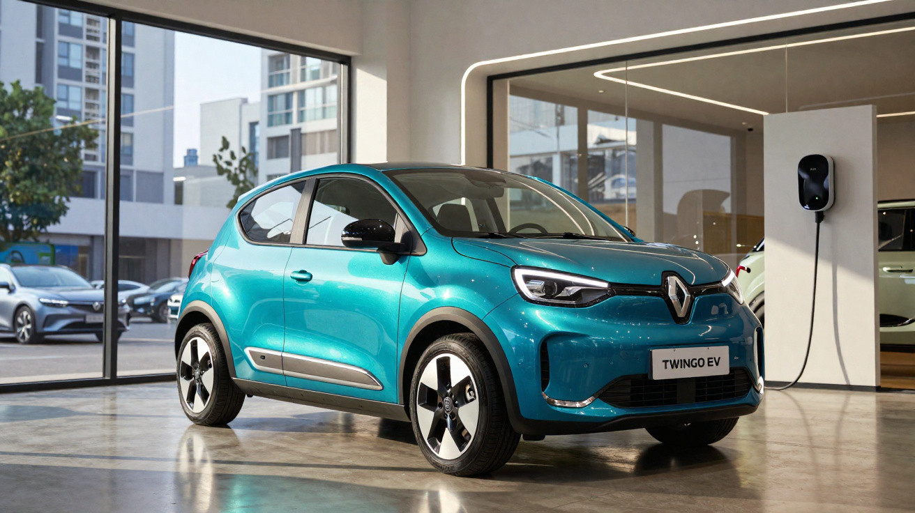 Carro elétrico Renault Twingo EV azul em showroom moderno com estação de carregamento na parede.