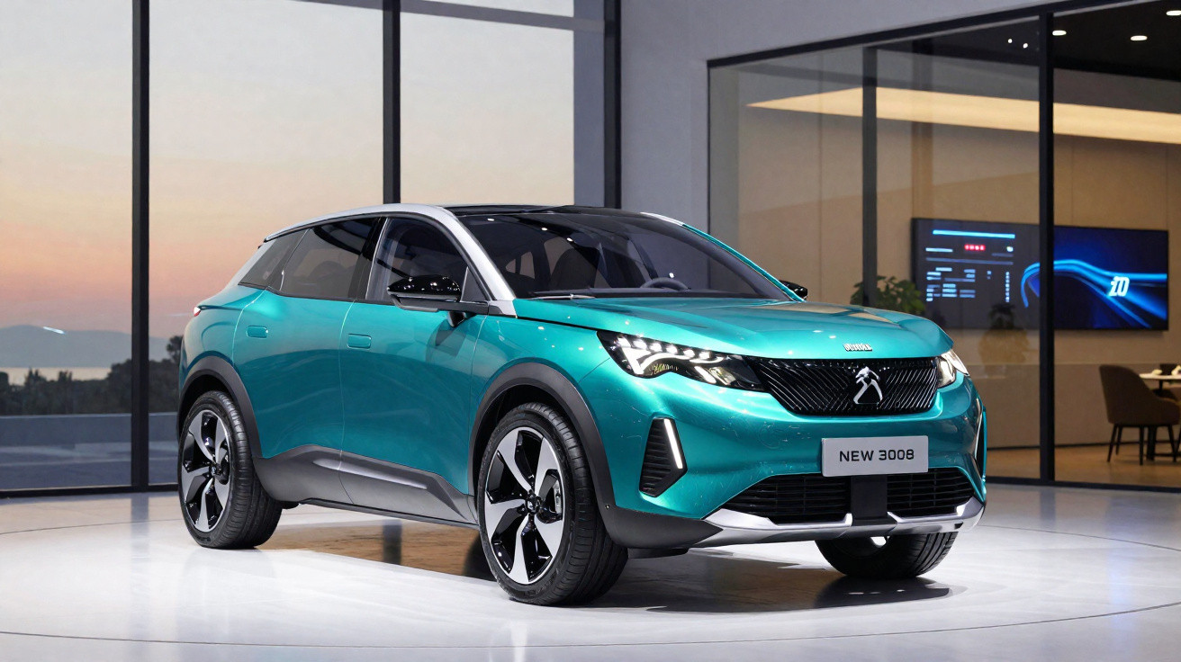 Carro SUV Peugeot 3008 verde com detalhes em preto exibido em ambiente interno moderno.