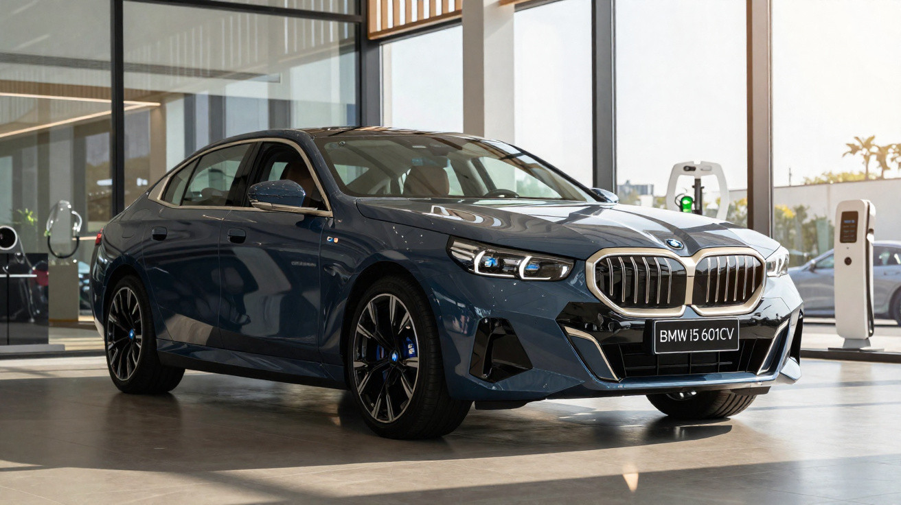 Carro BMW i5 601CV azul exibido em showroom com área interna iluminada e vaga para recarga elétrica.