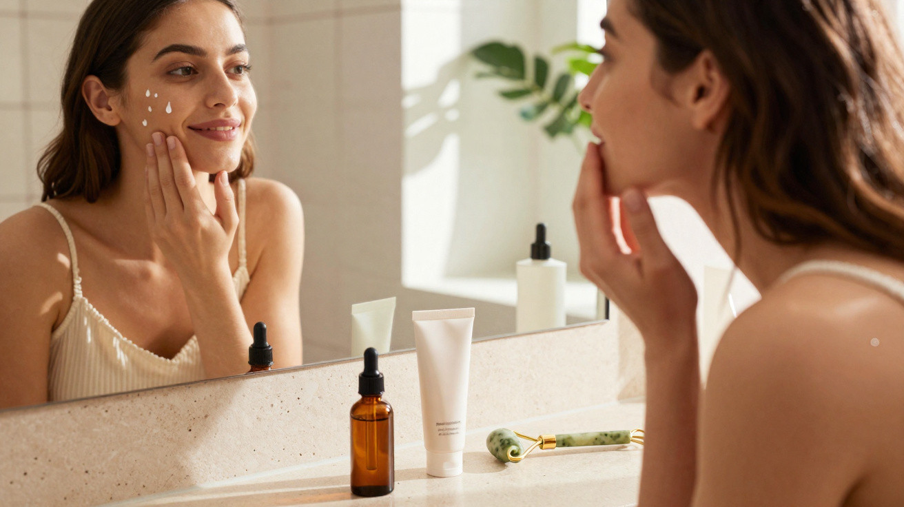 Mulher aplicando creme facial, olhando no espelho em banheiro com produtos de skincare na bancada.