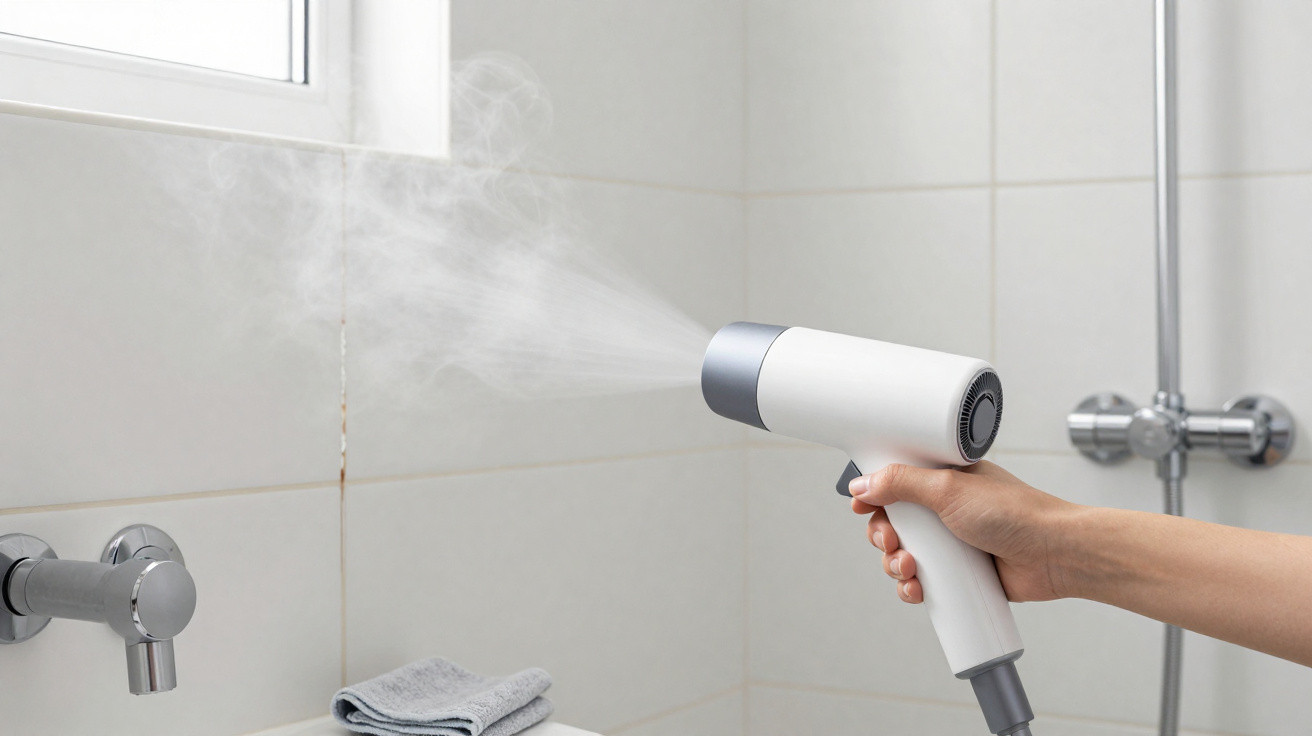 Mão segurando secador de cabelo branco, soprando ar quente em parede branca de banheiro.