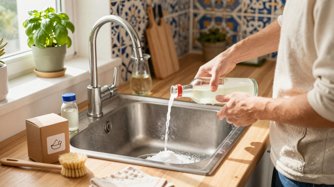 Pessoa despejando líquido branco em pó branco dentro da pia de cozinha com janela e plantas ao fundo.