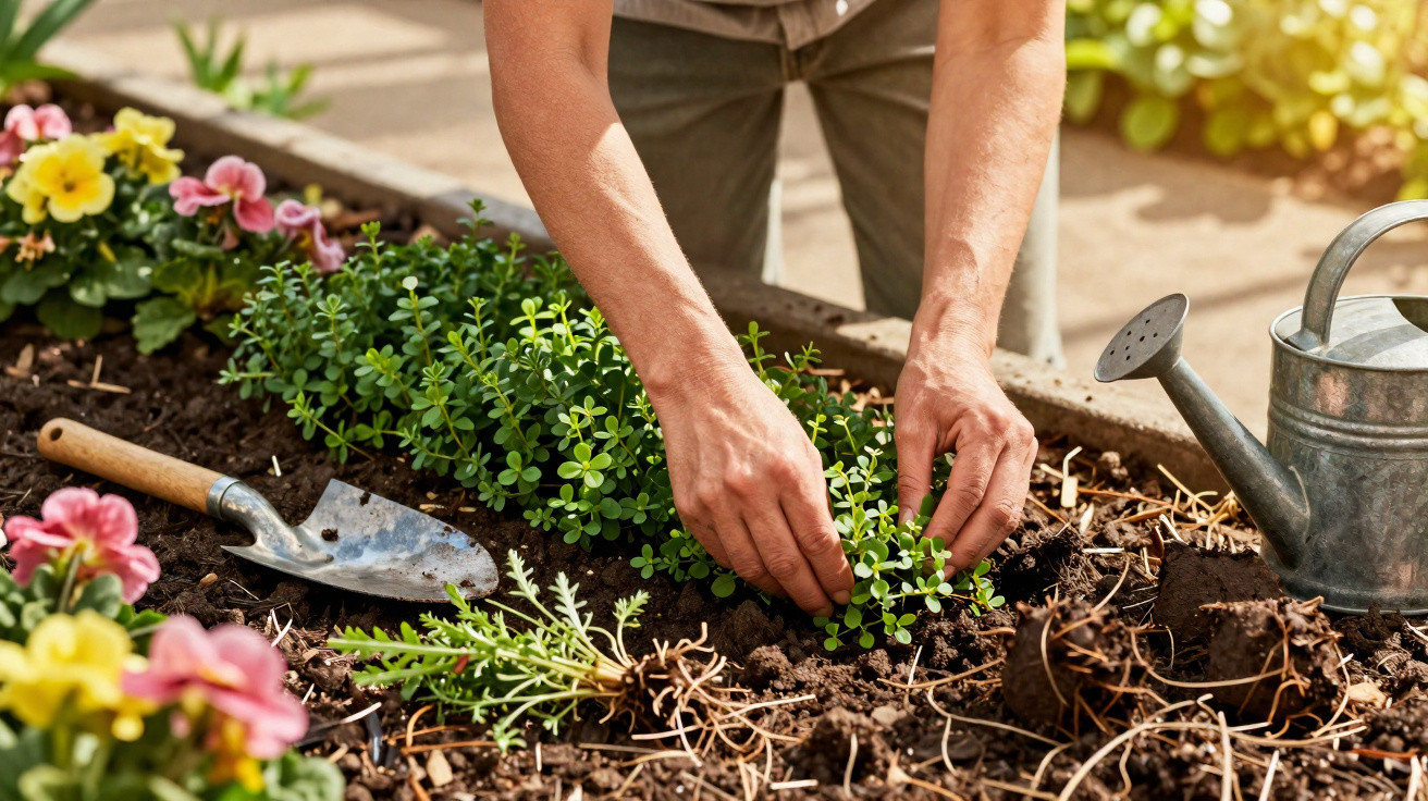 Pessoa plantando mudas em canteiro de jardim com regador e ferramenta ao lado.