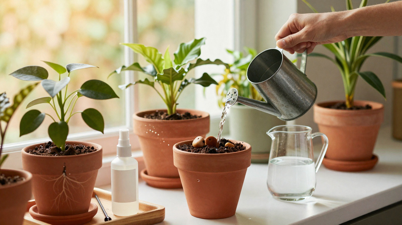 Mão regando vasos de plantas com regador metálico sobre janela com luz natural.