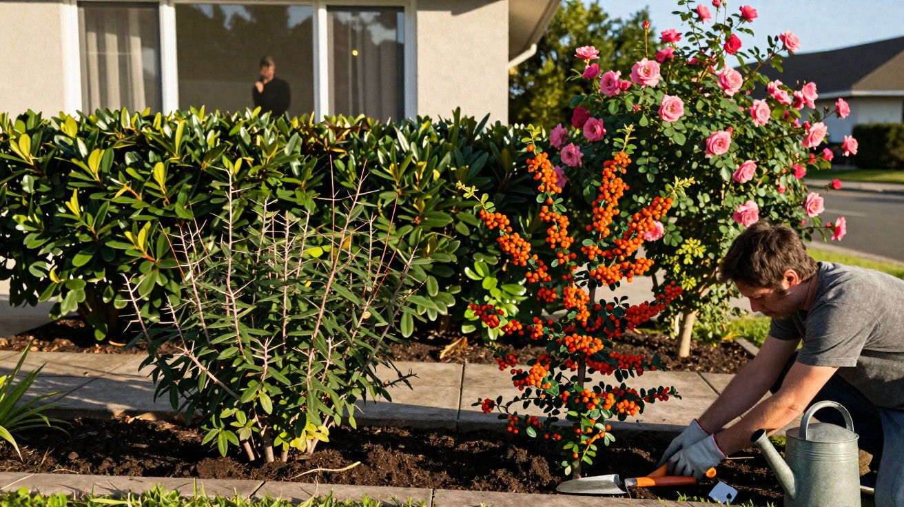 Homem cuidando do jardim com regador e enxada, plantas com frutos laranja e flores rosas ao fundo.