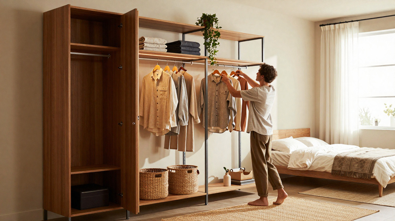 Pessoa organizando roupas em guarda-roupa aberto em quarto iluminado com cama e janela grande ao fundo.