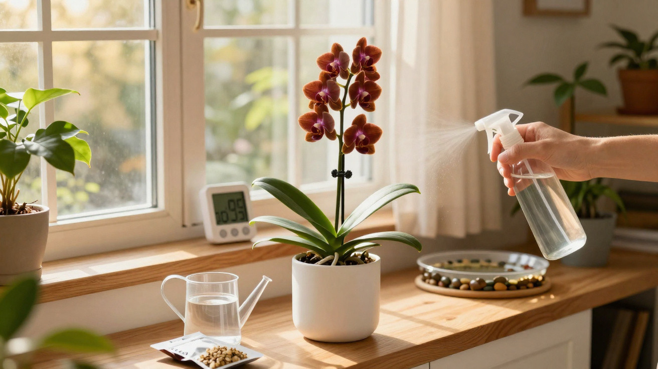 Mão borrifando água em orquídea roxa em vaso branco sobre bancada de madeira junto à janela ensolarada.
